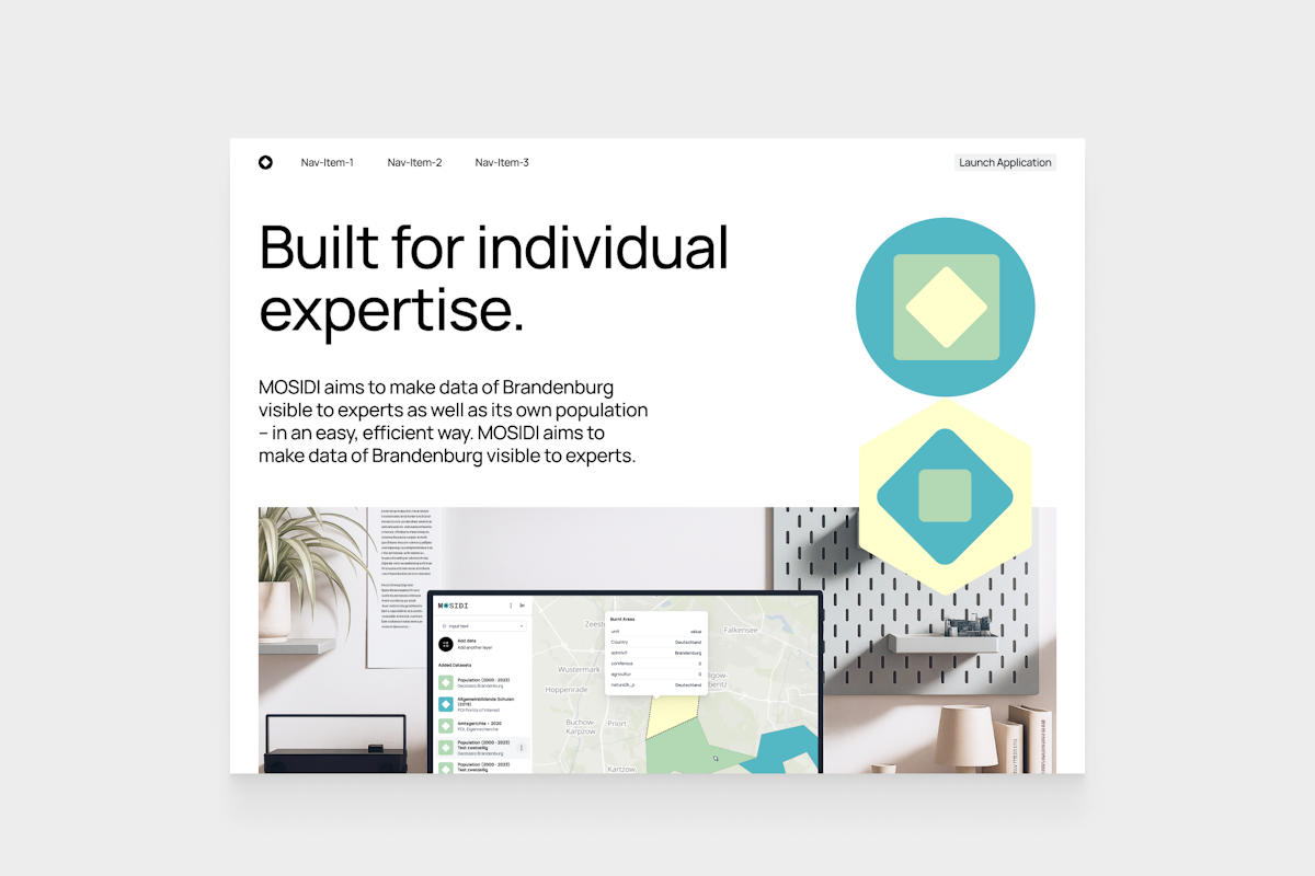 Flat mock-up showing website with applied visual identity for MOSIDI